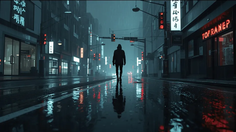 Rainy cyberpunk city with lone figure